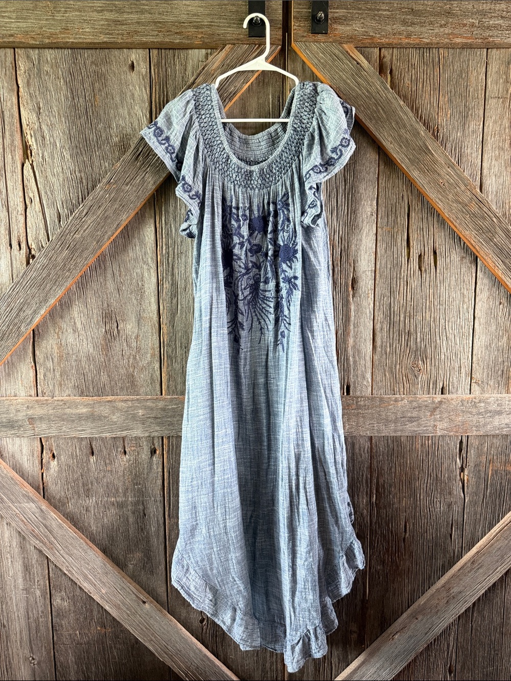 Women’s Blue Embroidered Flutter-Sleeve Dress
